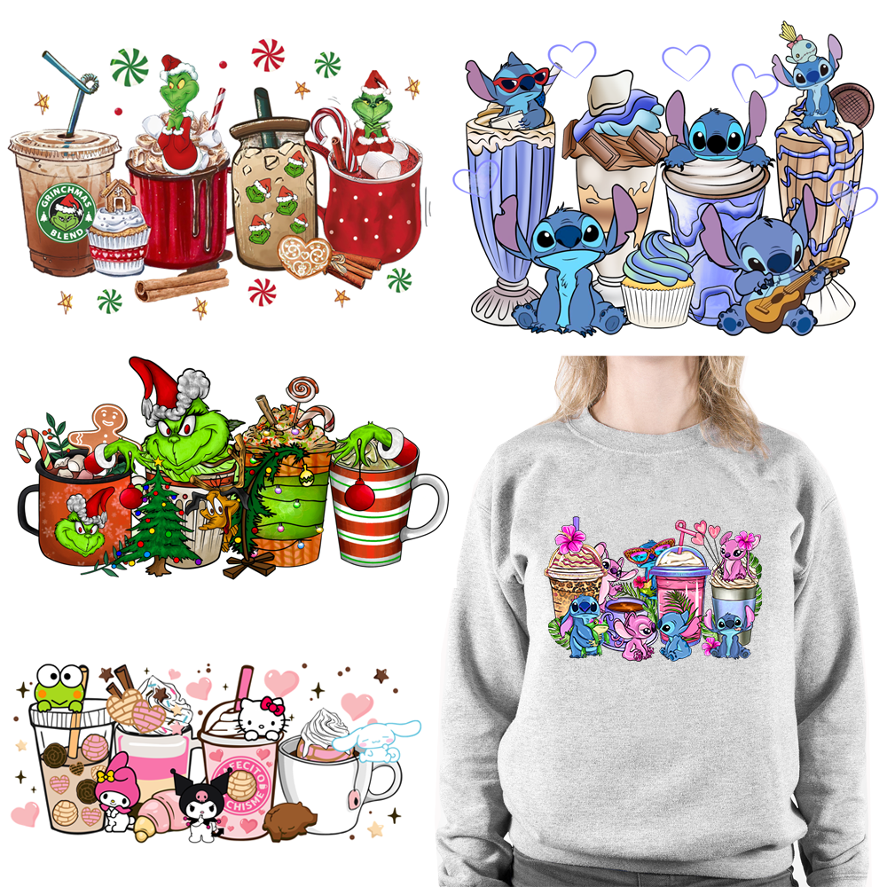 Custom Cute Cartoon Christmas Coffee Cup Drink DTF Heat Transfers Printing Ready To Press For Clothes