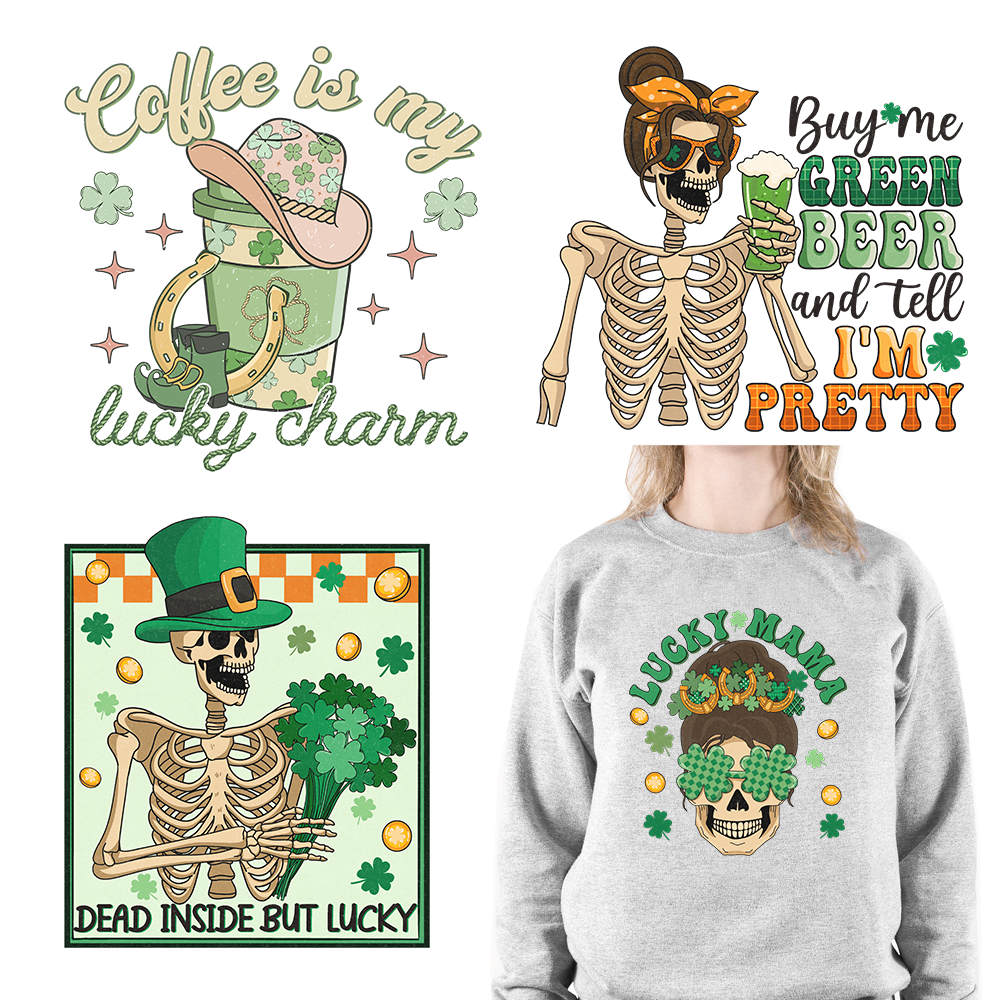 St Patricks Skeleton Lucky Drink Coffee DTF Transfers