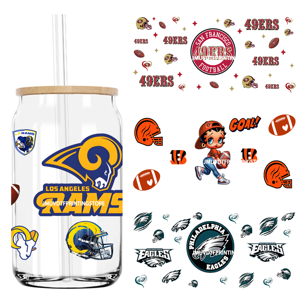 American Football Team Sport 16OZ UV DTF Cup Wrap Transfers Stickers Custom Label DIY Waterproof Logo For Libbey Glass Can