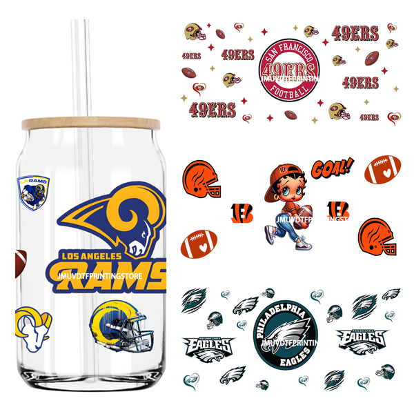 American Football Team Sport 16OZ UV DTF Cup Wrap Transfers Stickers Custom Label DIY Waterproof Logo For Libbey Glass Can