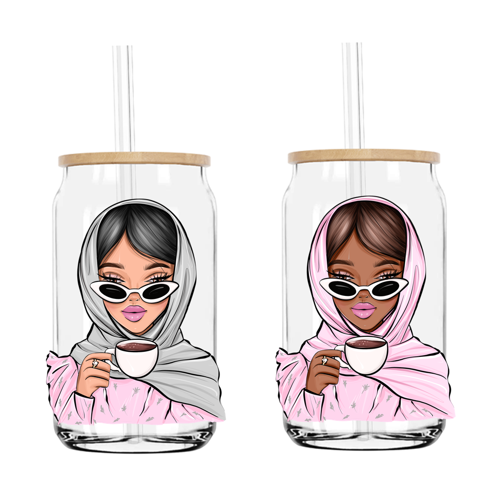 Coffee Fashion Hijab Chibi Women UV DTF Sticker Decals