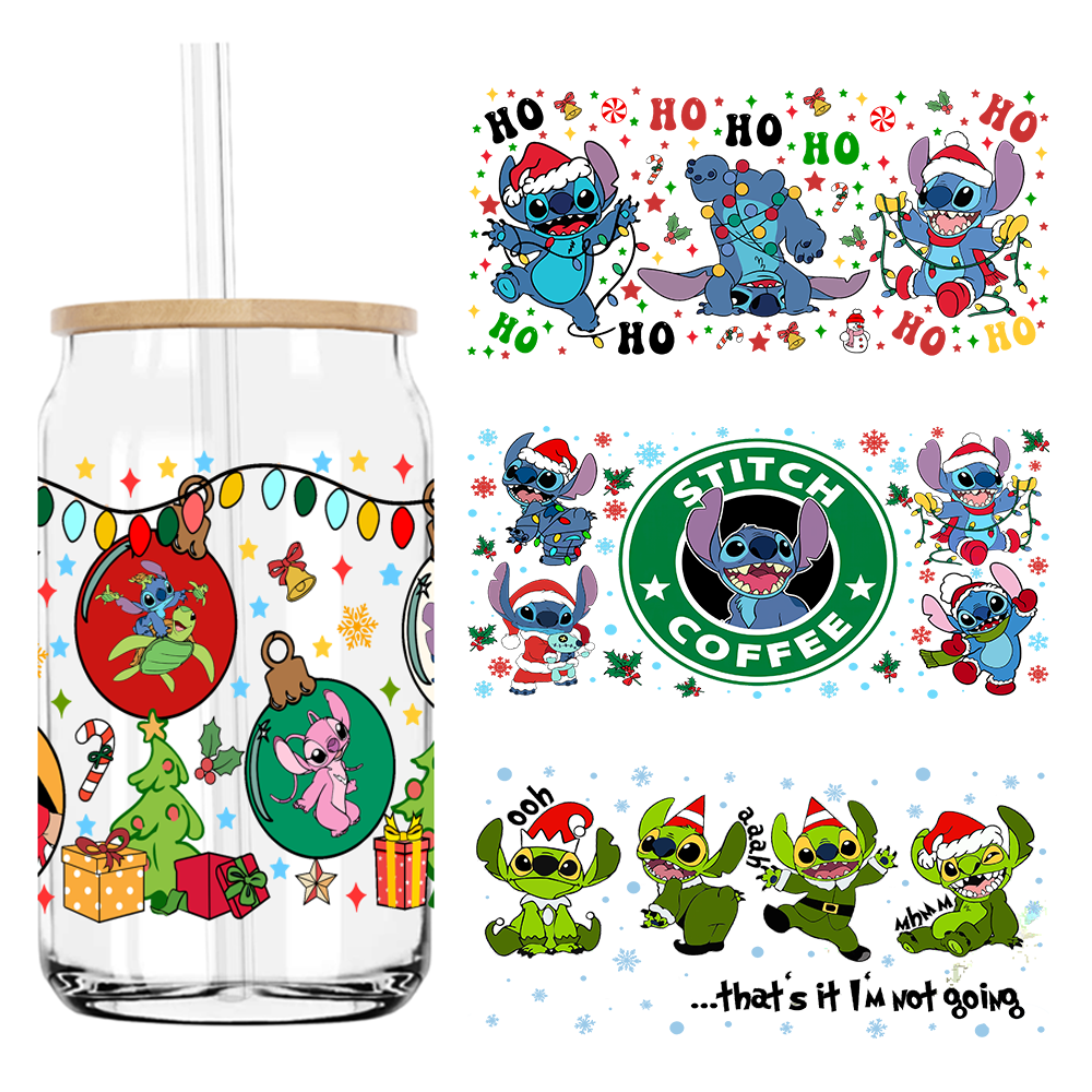 Merry Christmas Blue Cartoon Character UV DTF Sticker For 16OZ Libbey Glass Cup Can Wrap Transfer Sticker Custom Labels DIY Logo