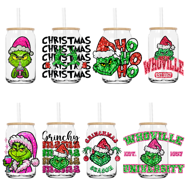 Faux Sequin Glitter Christmas Grinchy UV DTF Transfers Stickers Decals For Libbey Cold Cups Mugs Tumbler Waterproof DIY Logo