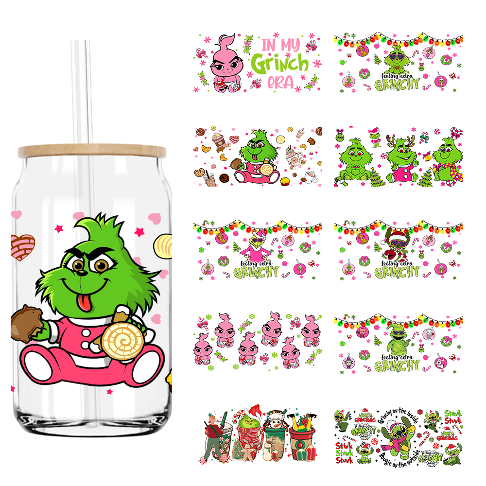 Christmas In My Grinch Era 16OZ UV DTF Cup Wrap Transfer Stickers Custom Labels DIY Durable Waterproof Logo For Libbey Glass Can