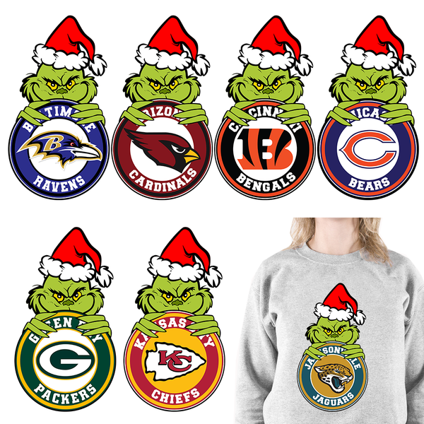 Washable Grinch Football Sport Team Iron On DTF Plastisol Heat Transfer Stickers Ready To Press For Clothing Bags