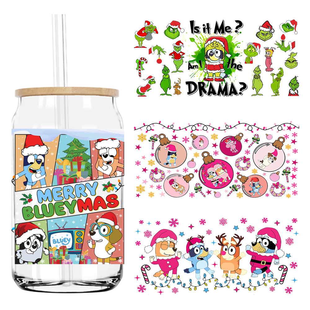 Merry Blueymas Dogs Family Christmas UV DTF Sticker For 16OZ Libbey Glass Cup Can Wrap Transfer Sticker Custom Labels DIY Logo