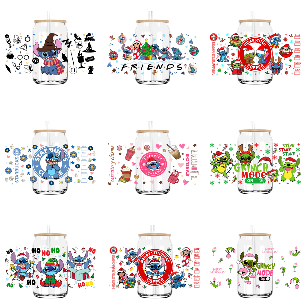 Funny Christmas Cartoon 16OZ UV DTF Cup Wrap Transfers Stickers Custom Labels DIY Durable Waterproof Logo For Libbey Glass Can