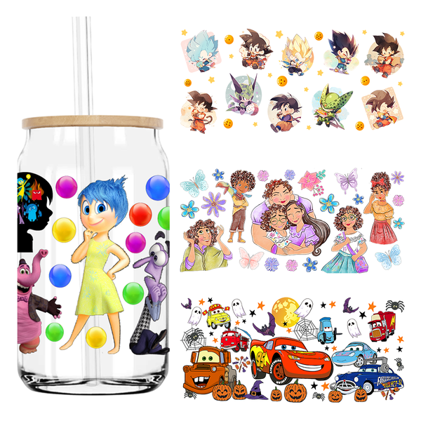 Popular Cartoon Character Cars 16OZ UV DTF Cup Wrap Transfers Stickers Custom Labels DIY Waterproof Logo For Libbey Glass Can