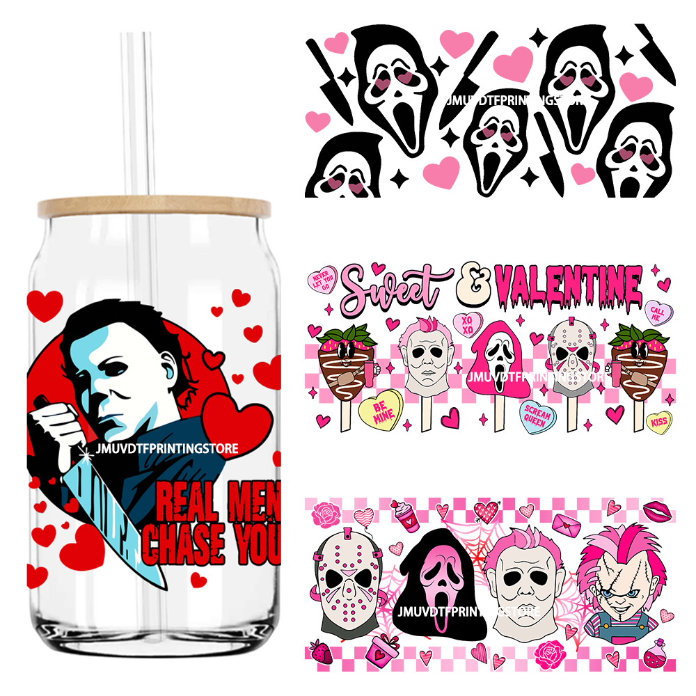 Horror Killer Pink Valentine Day 16OZ UV DTF Cup Wrap Transfers Stickers Custom Label DIY Waterproof Logo For Libbey Glass Can