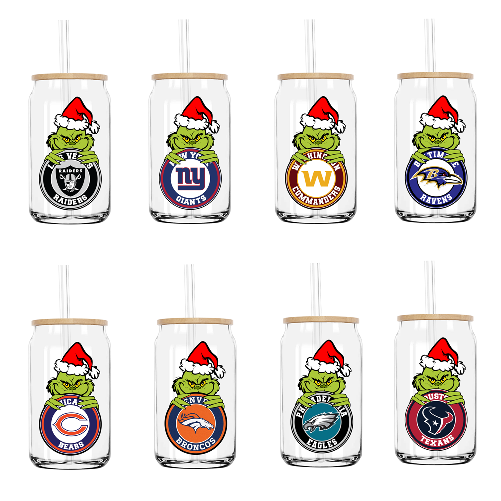 Football Team Sport Christmas Grinch 16OZ UV DTF Cup Wrap Transfers Stickers Custom DIY Waterproof Logo For Libbey Glass Can