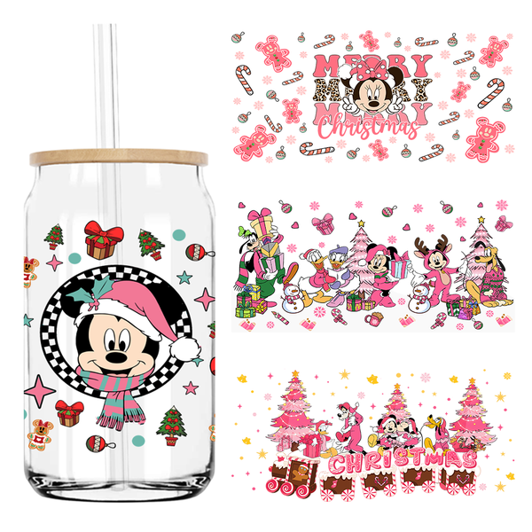 Pink Cartoon Mouse Christmas Vibes 16OZ UV DTF Cup Wrap Transfer Stickers Custom Labels DIY Waterproof Logo For Libbey Glass Can