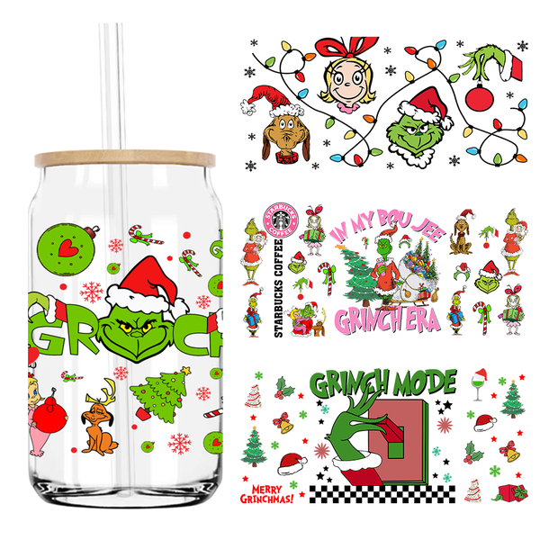 In My Boujee Grinch Era Christmas 16OZ UV DTF Cup Wrap Transfers Stickers Custom Labels DIY Waterproof Logo For Libbey Glass Can