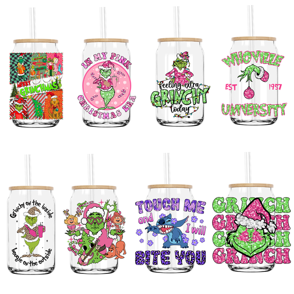 Pink Christmas Green Grinch UV DTF Transfers Stickers Decals For Libbey Cold Cups Mugs Tumbler Waterproof DIY Craft