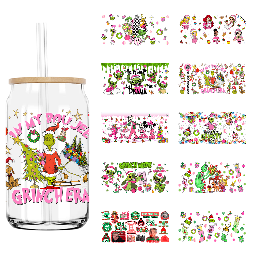 Christmas Cartoon Grinch 16OZ UV DTF Cup Wrap Transfers Stickers Custom Labels DIY Durable Waterproof Logo For Libbey Glass Can