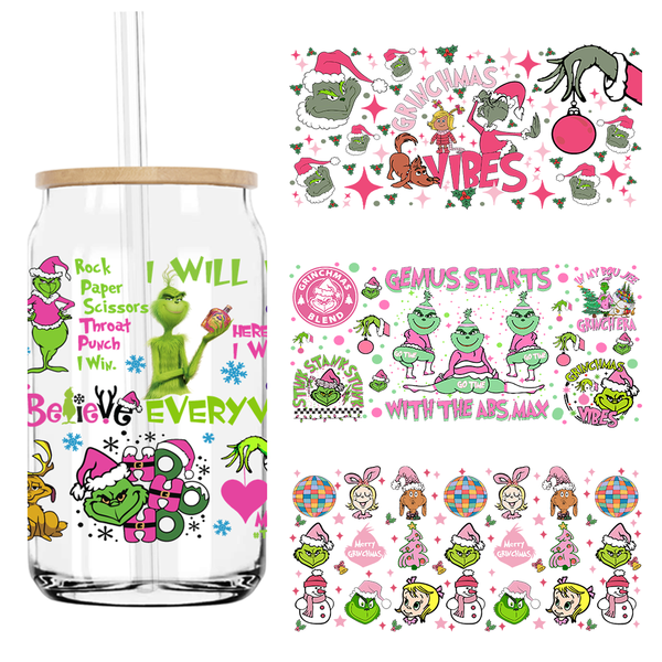 GrinchMas Vibes Xmas Holiday 16OZ UV DTF Cup Wrap Transfers Stickers Custom Labels DIY Waterproof Logo For Libbey Glass Can