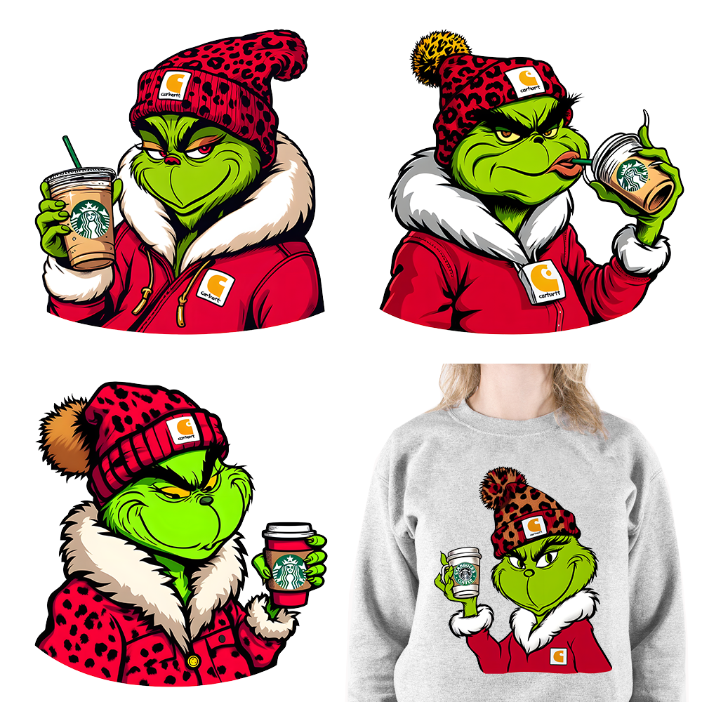 Red Leopard Drinking Coffee Boujee Grinch Coffee Lover Christmas Washable DTF Heat Transfer Stickers Ready To Press For T-Shirts