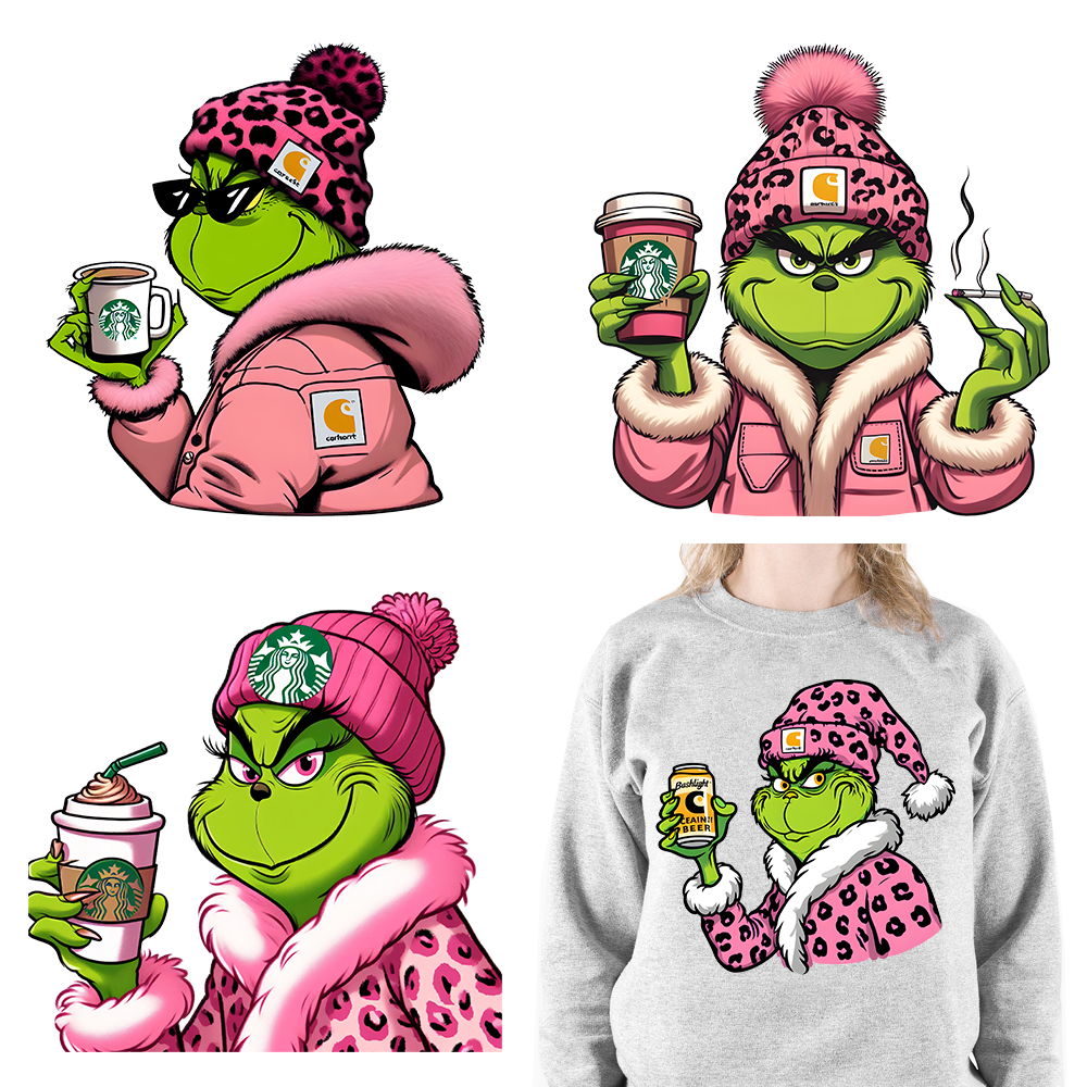 Cute Pink Leopard Coffee Boojee Grinch DTF Printing Iron On Grincy But Caffeinated Transfer Stickers Ready To Press For Hoodies