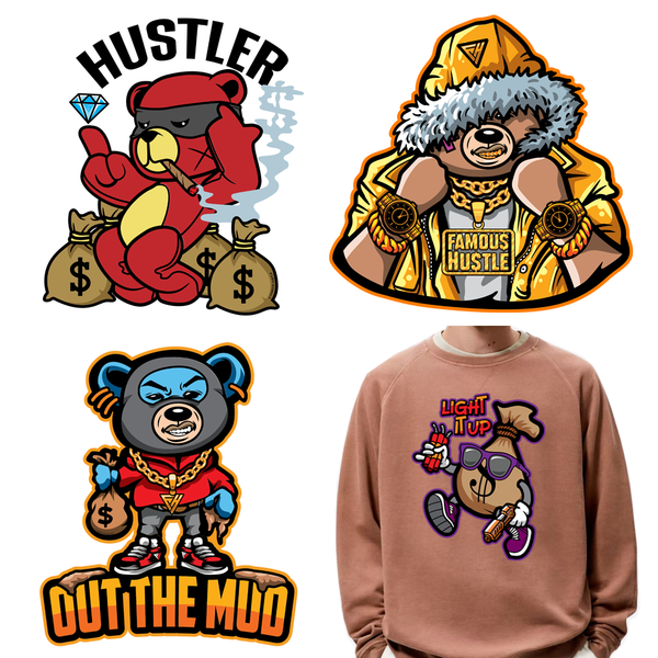 Hustle Rich Cartoon Bear DTF Transfers