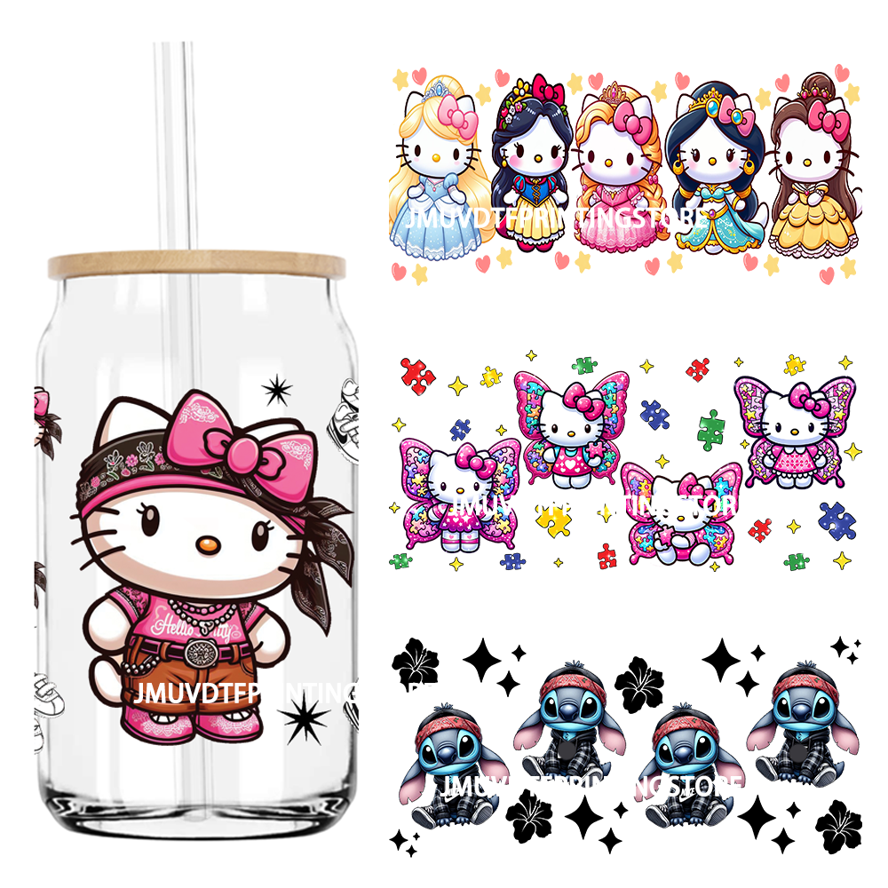 Mexico Autism Puzzle Cartoon Cat 16OZ UV DTF Cup Wrap Transfer Sticker Custom Label Durable Waterproof Logo For Libbey Glass Can