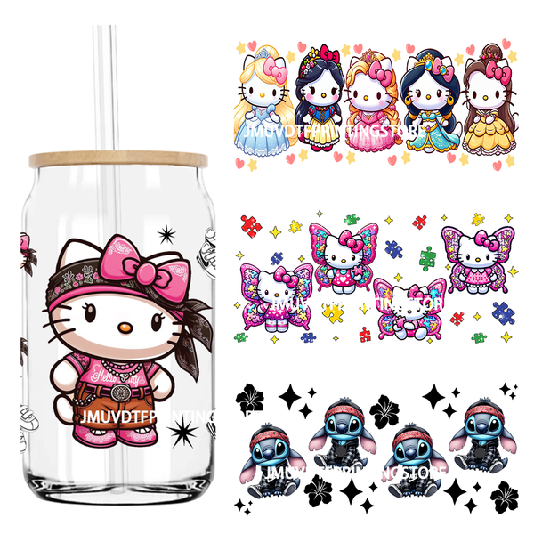 Mexico Autism Puzzle Cartoon Cat 16OZ UV DTF Cup Wrap Transfer Sticker Custom Label Durable Waterproof Logo For Libbey Glass Can