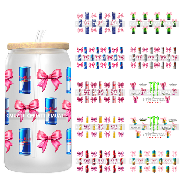 Pink Coquette Bow Drink 16oz UV DTF Cup Wrap Transfers Stickers Bundle For DIY Craft Customized Decoration