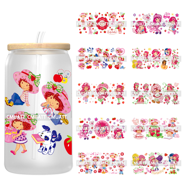 Strawberry Girl UV DTF Cup Wrap Transfers Stickers For 16oz Libbey Glass Mugs Bottle Plate Cover DIY Custom