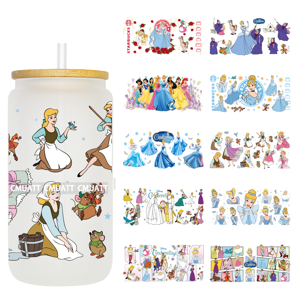 Princess Cartoon 16oz UV DTF Cup Wrap Cartoon Libbey Glass Beer Can Tumbler Stickers Waterproof  Adhesive