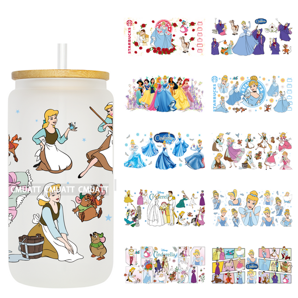 Princess Cartoon 16oz UV DTF Cup Wrap Cartoon Libbey Glass Beer Can Tumbler Stickers Waterproof  Adhesive