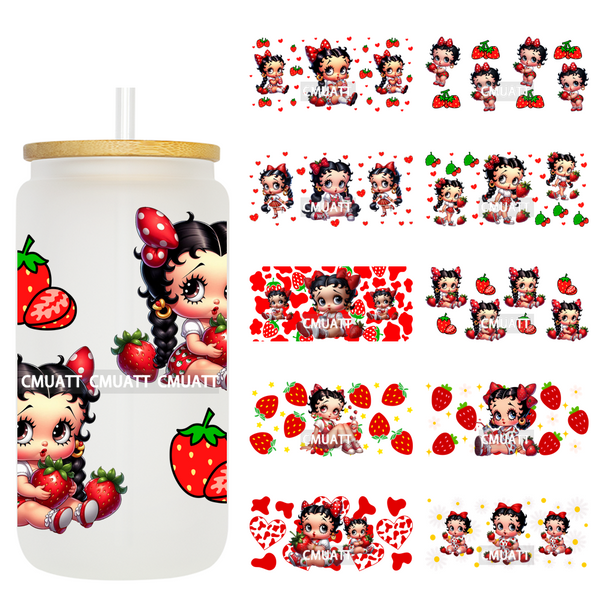 Cute Girl Strawberry 16oz UV DTF Cup Wrap Transfers Stickers Decorate  Mugs Beer Can Bottle Free Shiping
