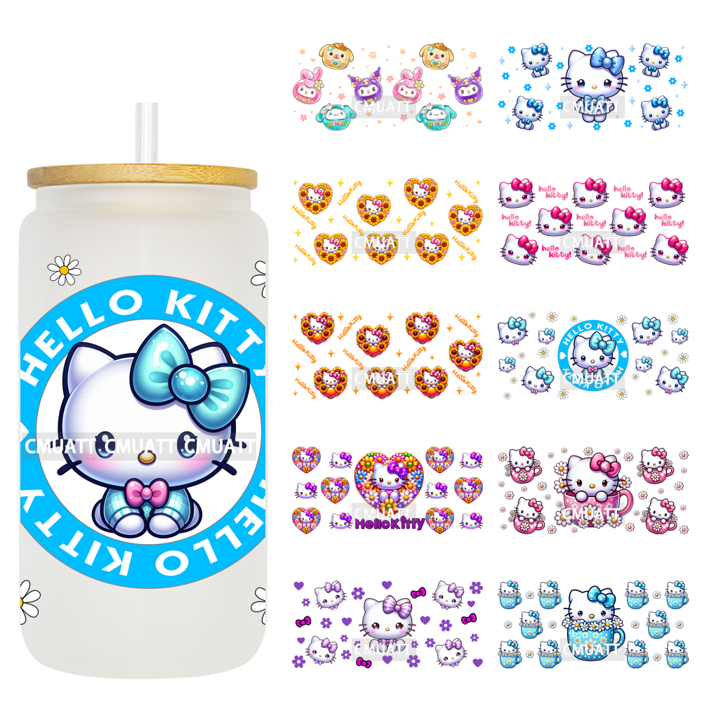 Cute Cats UV DTF Cup Wraps Transfers 16oz Libbey Glass Water Bottle Stickers Custom DIY Craft Free Shipping