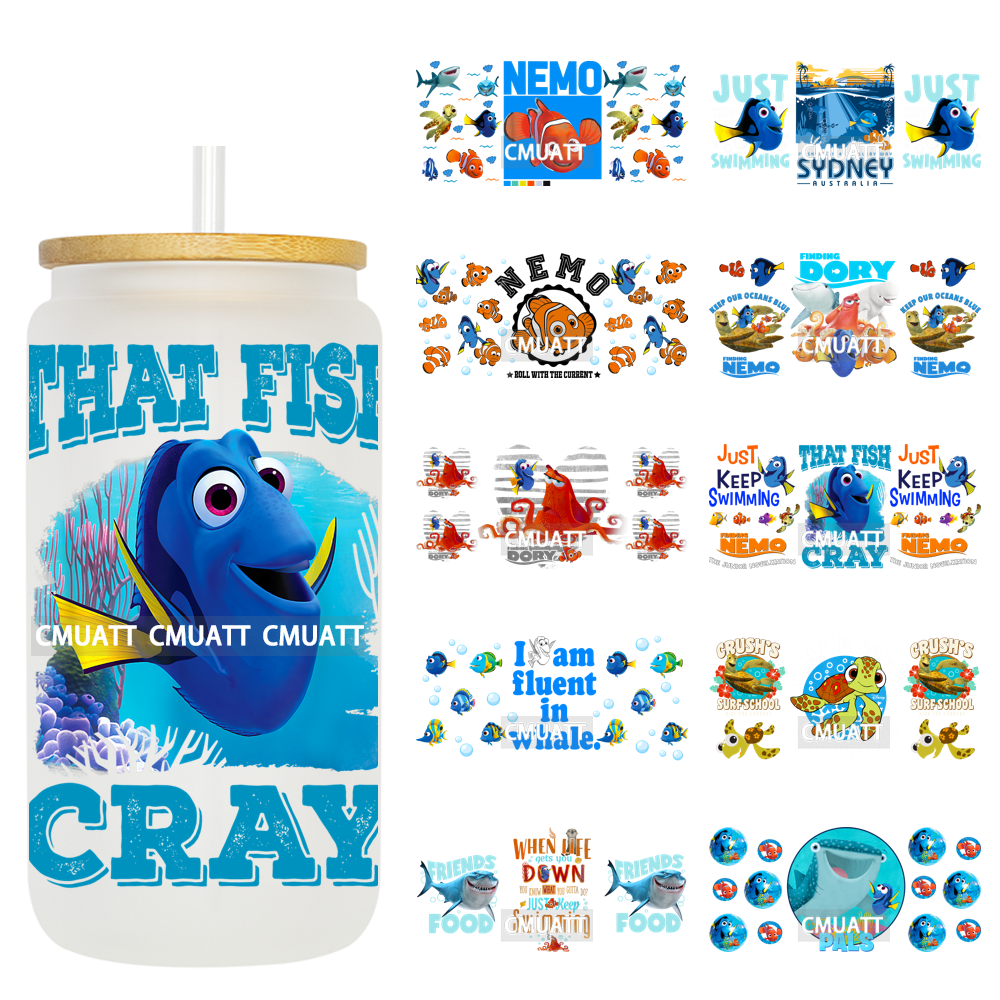 Cartoon Fish Tumbler Stickers Waterproof 16oz UV DTF Cup Wraps Transfers Mugs Beer Can Bottle Free Shipping