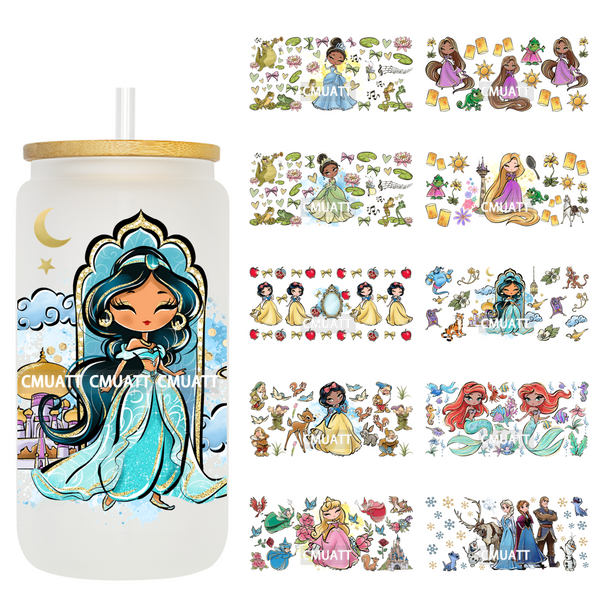 UV DTF Cup Wraps 16OZ Bulk Waterproof Wholesale Custom Cartoon Cute Princess Mug Glass Water Bottles Sticker
