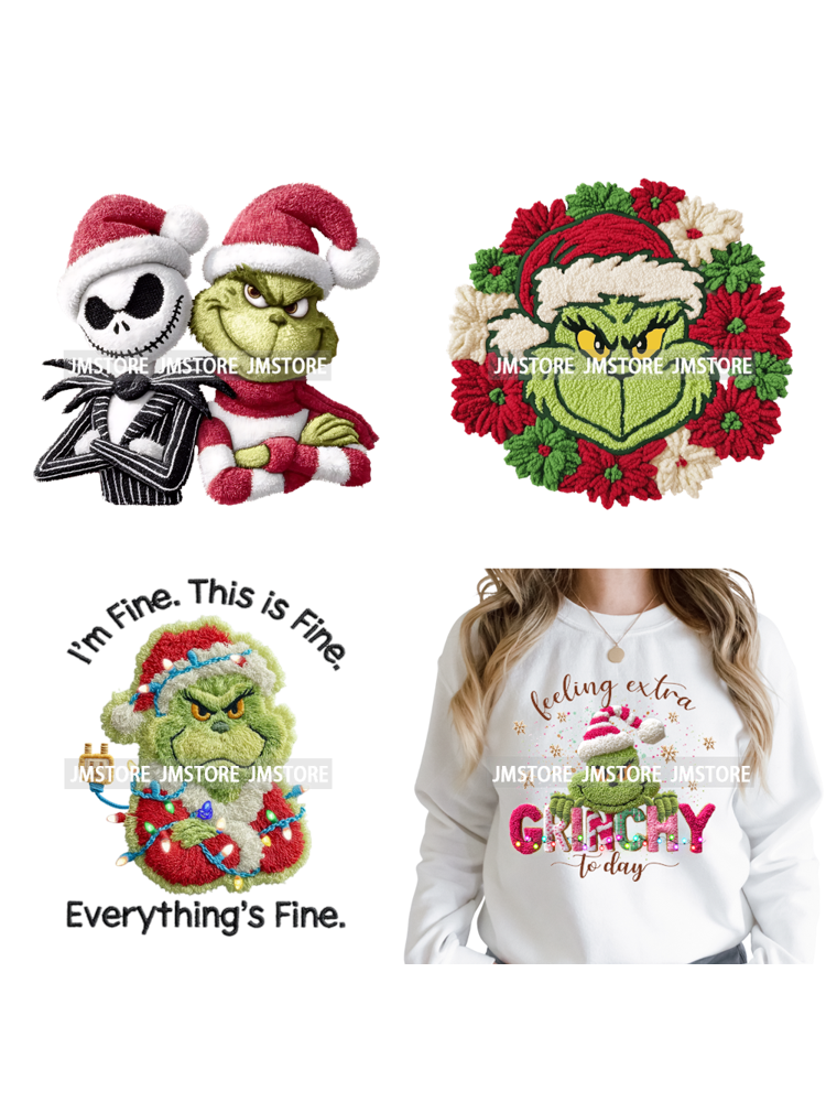 Trendy Faux Yarn Green Guy Santa Character Christmas Vibes Iron on Washable DTF Transfers Stickers Ready to Press for Textiles
