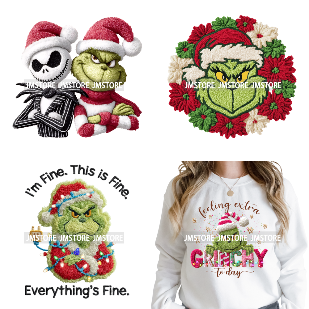 Trendy Faux Yarn Green Guy Santa Character Christmas Vibes Iron on Washable DTF Transfers Stickers Ready to Press for Textiles