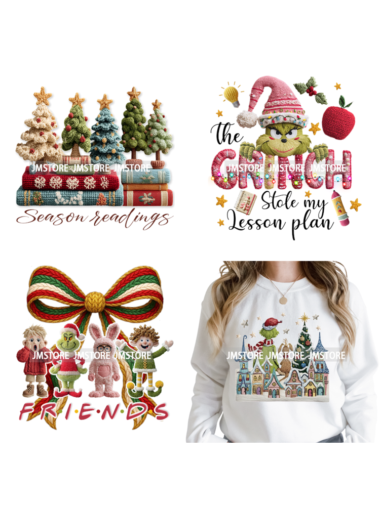 Latch Hook Faux Yarn Crochet Christmas Cartoon Green Santa Friends Iron on DTF Heat Transfer Stickers Ready to Press for Clothes