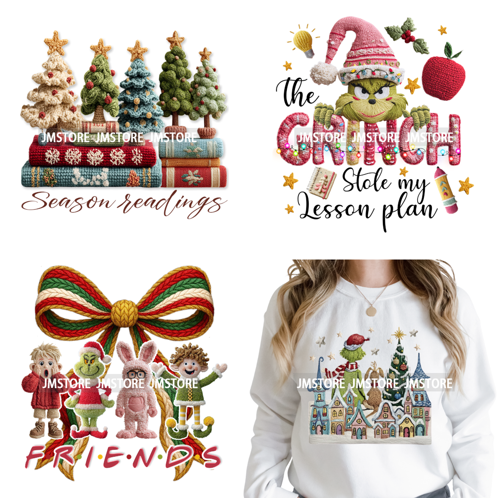 Latch Hook Faux Yarn Crochet Christmas Cartoon Green Santa Friends Iron on DTF Heat Transfer Stickers Ready to Press for Clothes