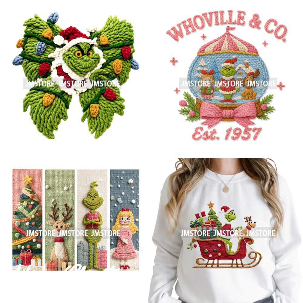 Cartoon Movie Characters Faux Yarn Crochet Christmas Holiday Iron on Washable DTF Transfers Stickers Ready to Press for Textiles