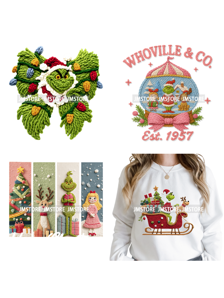 Cartoon Movie Characters Faux Yarn Crochet Christmas Holiday Iron on Washable DTF Transfers Stickers Ready to Press for Textiles