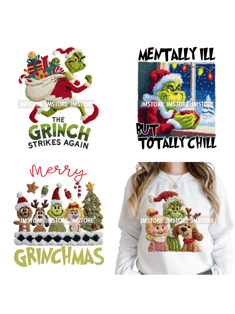 Cute Faux Yarn Merry Christmas Cartoon Green Guy Santa Xmas Iron on Washable DTF Transfers Stickers Ready to Press for Hoodies