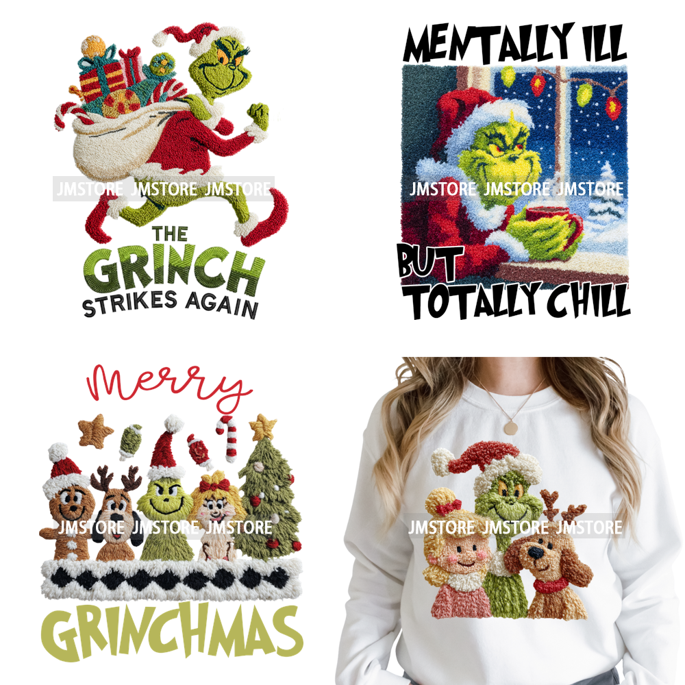 Cute Faux Yarn Merry Christmas Cartoon Green Guy Santa Xmas Iron on Washable DTF Transfers Stickers Ready to Press for Hoodies