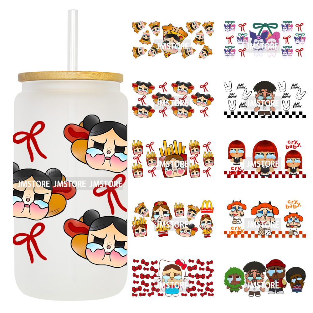 Dramatic Cartoon Crying Baby Girls UV DTF Wraps Transfer Stickers Selfadhesive Waterproof High Quality For 16OZ Libbey Glass Can