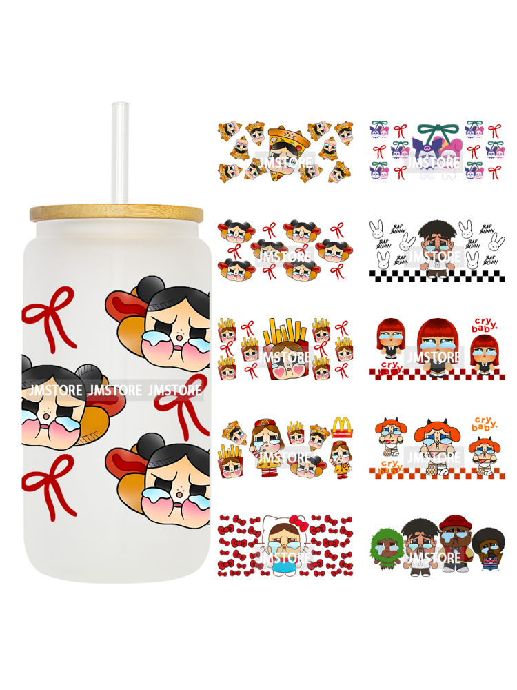 Dramatic Cartoon Crying Baby Girls UV DTF Wraps Transfer Stickers Selfadhesive Waterproof High Quality For 16OZ Libbey Glass Can