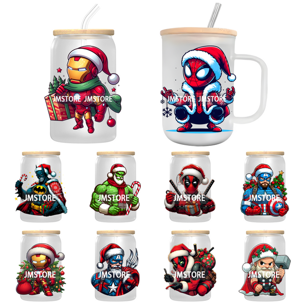 Christmas Squad Hero Cartoon Characters UV DTF Transfer Stickers Decals For Libbey Cold Cups Mugs Tumbler Holiday Movies Friends