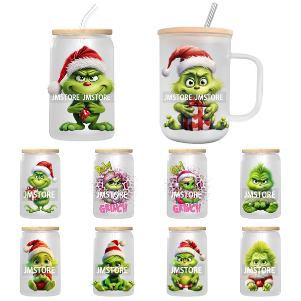 Cute Baby Green Christmas Characters UV DTF Transfer Stickers Decals For Libbey Cold Cups Mugs Tumbler Waterproof Holiday Vibes