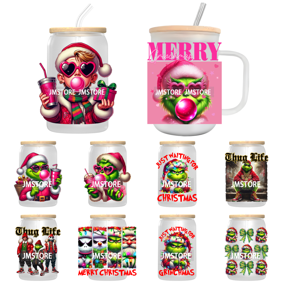 Merry Christmas Green Guy Blowing Up Bubble UV DTF Transfer Stickers Decals For Libbey Cold Cups Mug Tumbler Thug Life Christams