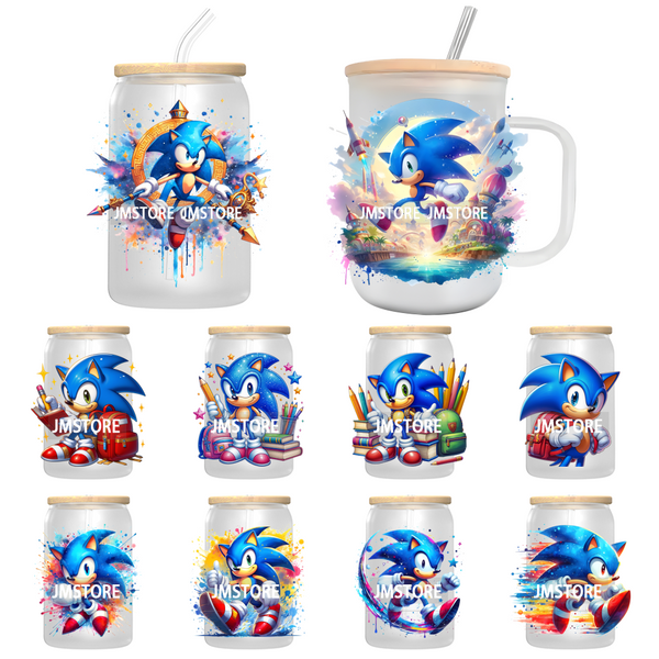 Blue Hedgehog Characters Splash And Watercolor UV DTF Transfer Stickers Decals For Libbey Cold Cups Mugs Tumbler Kids Cartoon