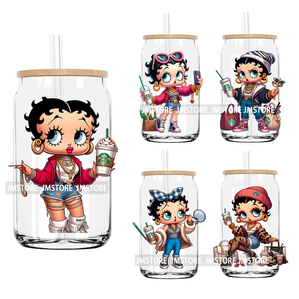 Fashion Cartoon Girl Women With Coffee UV DTF Transfers Stickers Decals For Libbey Cold Cups Mugs Tumbler Waterproof DIY Craft