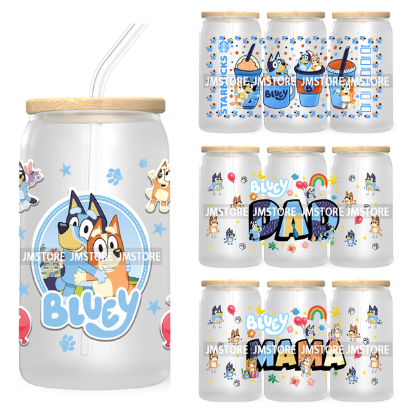 Cartoon Blue Dog Mama Dad Family 16OZ UV DTF Cup Wrap Transfers Stickers For Libbey Glass Can Cups Tumbler Waterproof Labels