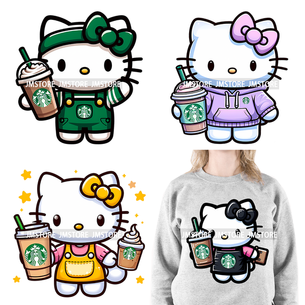 Colorful Coffee Drinking Cat Logos Iron On DTF Animal Transfers Stickers Ready To Press For T-shirts Bags