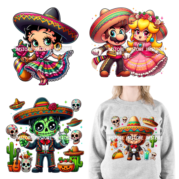 Mexican Chingona Cartoon Princess Girls Character Horror Movie Cinco De Mayo DTF Transfer Stickers Ready To Press For Hoodies